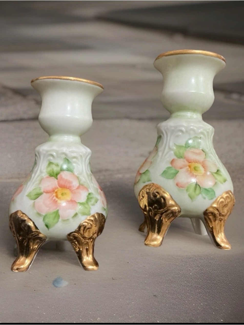 Porcelain  VTG Floral Candle Holders with Gold Accents - White & Pink